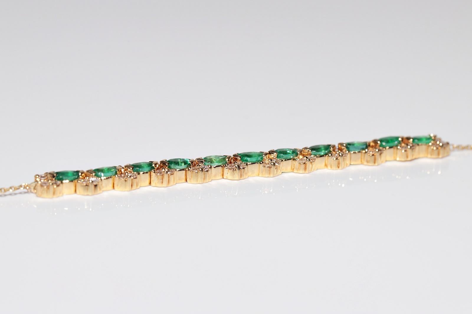 Vintage Circa 1990s 18k Gold Natural Diamond And Emerald Decorated Bracelet For Sale 9