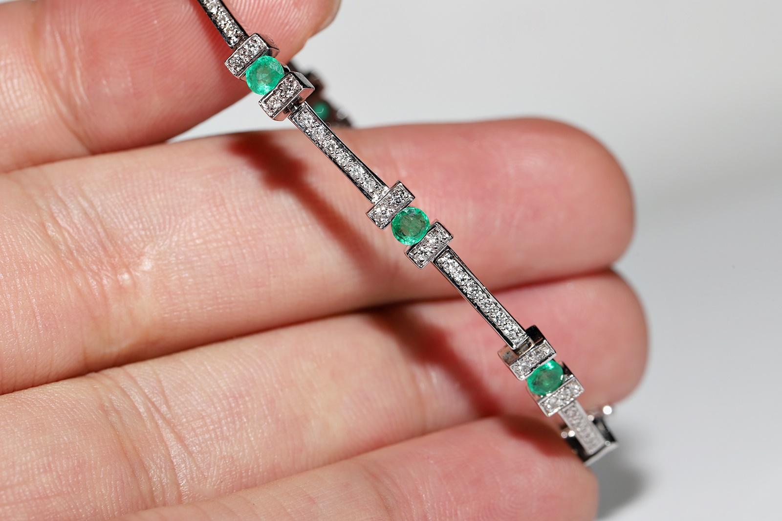 Vintage Circa 1990s 18k Gold Natural Diamond And Emerald Decorated Bracelet For Sale 2