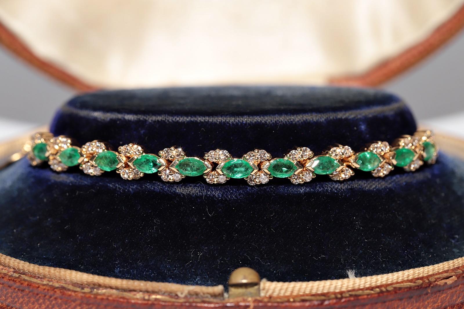 Vintage Circa 1990s 18k Gold Natural Diamond And Emerald Decorated Bracelet For Sale 2