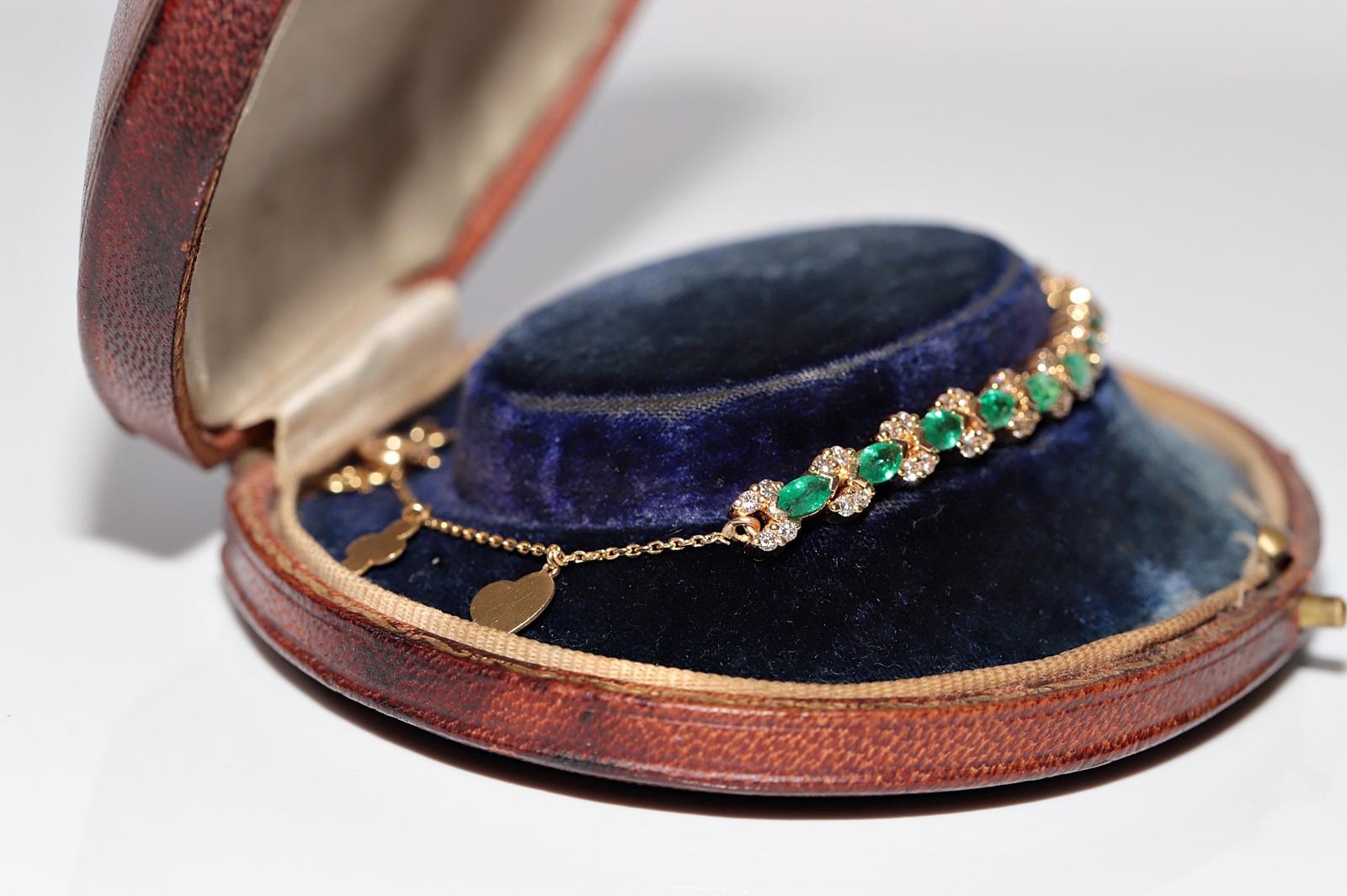 Vintage Circa 1990s 18k Gold Natural Diamond And Emerald Decorated Bracelet For Sale 3