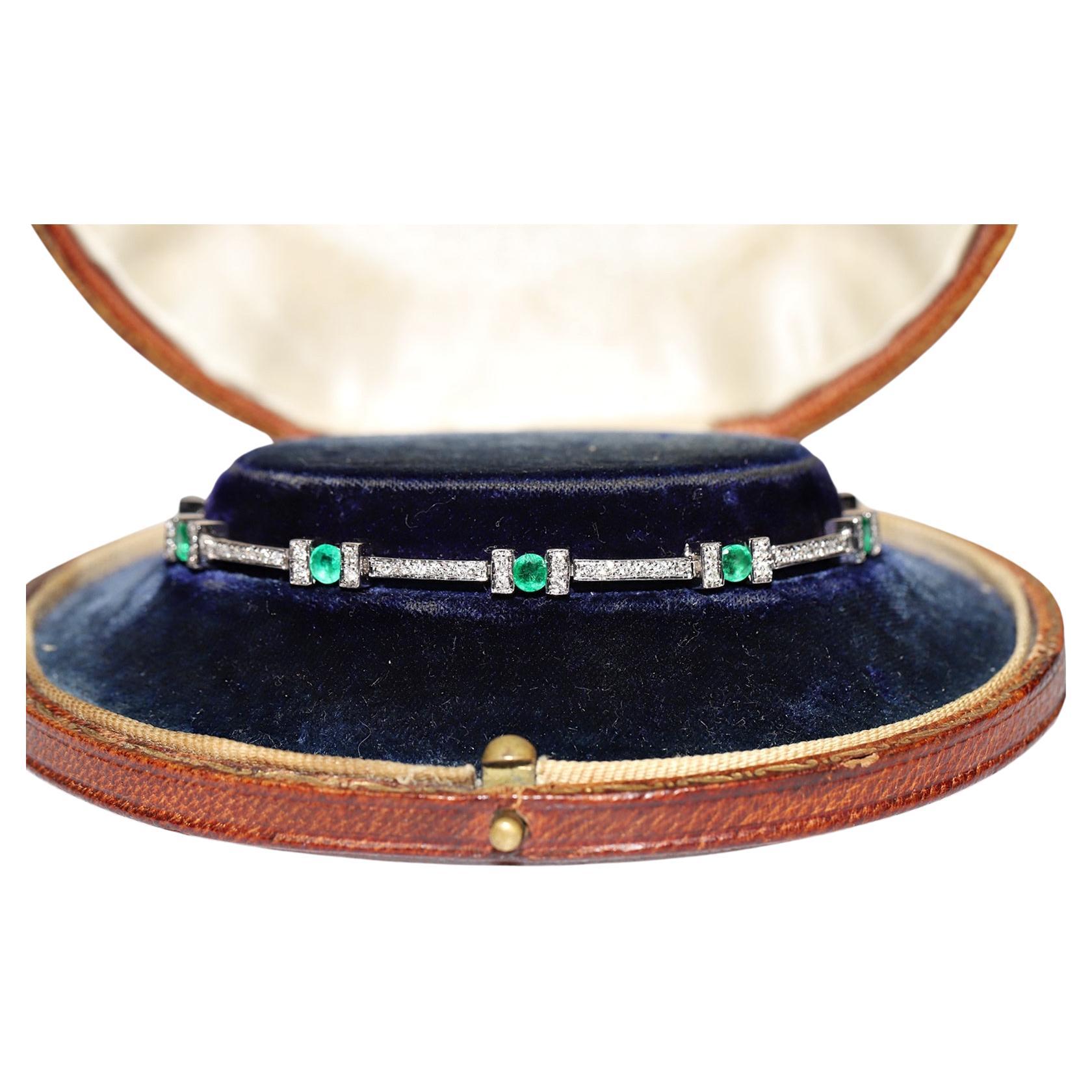 Vintage Circa 1990s 18k Gold Natural Diamond And Emerald Decorated Bracelet
