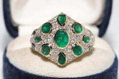Vintage Circa 1990s 18k Gold Natural Diamond And Emerald Decorated Ring