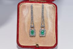 Vintage Circa 1990s 18k Gold Natural Diamond And Emerald Drop Earring