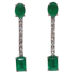 Vintage Circa 1990s 18k Gold Natural Diamond And Emerald Drop Earring