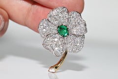 Vintage Circa 1990s 18k Gold Natural Diamond And Emerald Flowers Brooch