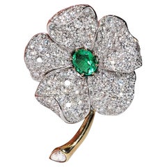 Vintage Circa 1990s 18k Gold Natural Diamond And Emerald Flowers Brooch