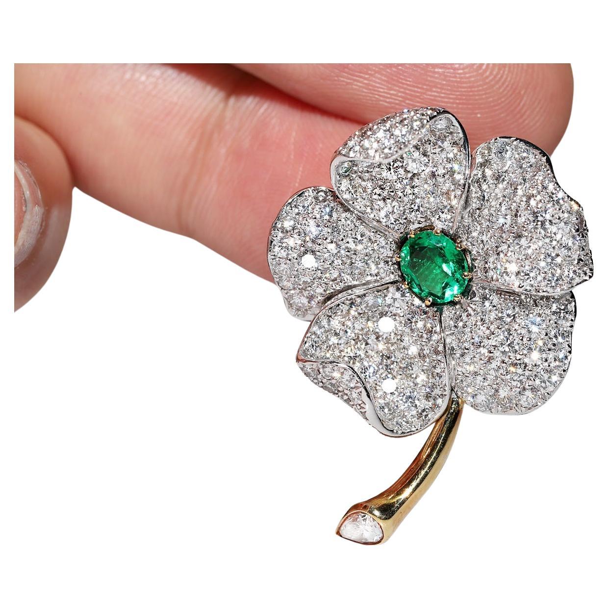 Vintage Circa 1990s 18k Gold Natural Diamond And Emerald Flowers Brooch  For Sale