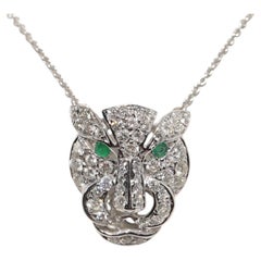 Vintage Circa 1990s 18k Gold Natural Diamond And Emerald Panther Necklace