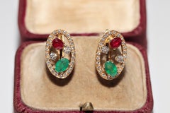 Vintage Circa 1990s 18k Gold Natural Diamond And Emerald  Ruby Earring