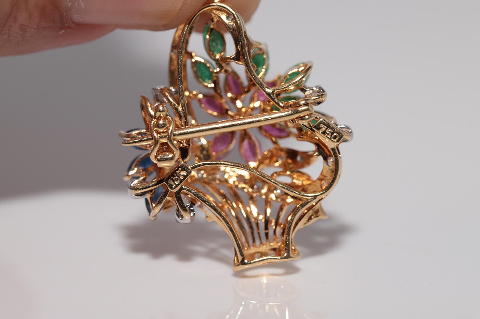 Vintage Circa 1990s 18k Gold Natural Diamond And Emerald Ruby Sapphire Pendant For Sale 1