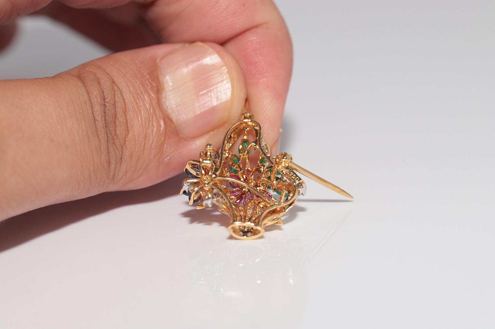 Vintage Circa 1990s 18k Gold Natural Diamond And Emerald Ruby Sapphire Pendant For Sale 3