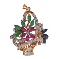 Vintage Circa 1990s 18k Gold Natural Diamond And Emerald Ruby Sapphire Pendant