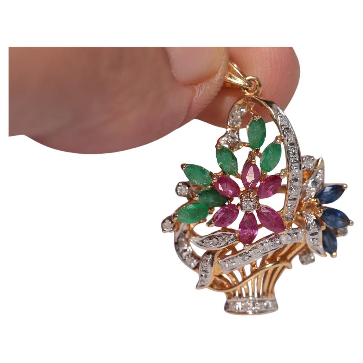 Vintage Circa 1990s 18k Gold Natural Diamond And Emerald Ruby Sapphire Pendant For Sale