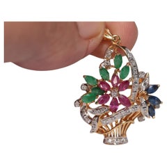 Vintage Circa 1990s 18k Gold Natural Diamond And Emerald Ruby Sapphire Pendant
