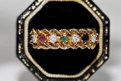 Vintage Circa 1990s 18k Gold Natural Diamond And Emerald Ruby Sapphire Ring