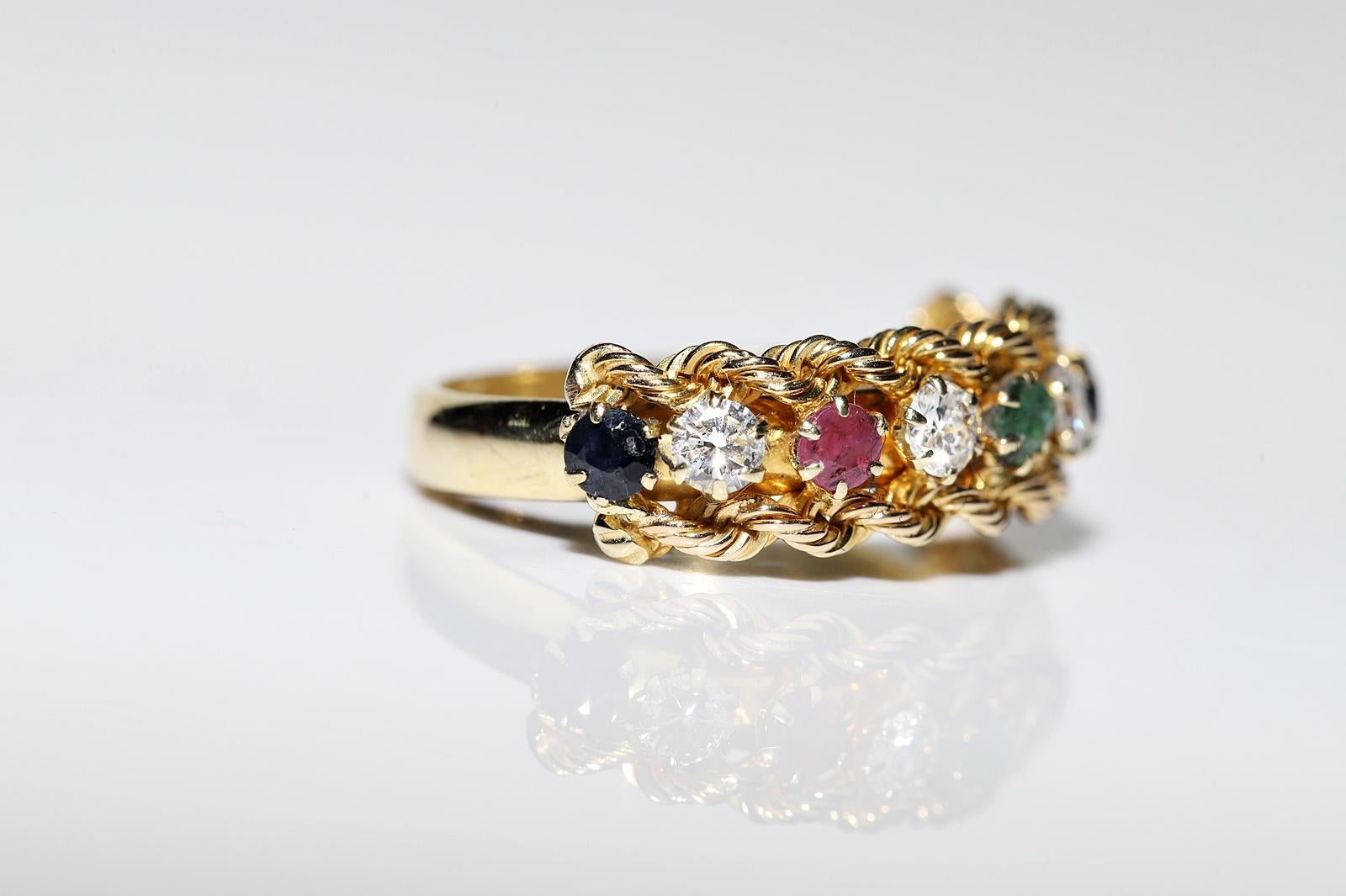 Women's Vintage Circa 1990s 18k Gold Natural Diamond And Emerald Ruby Sapphire Ring