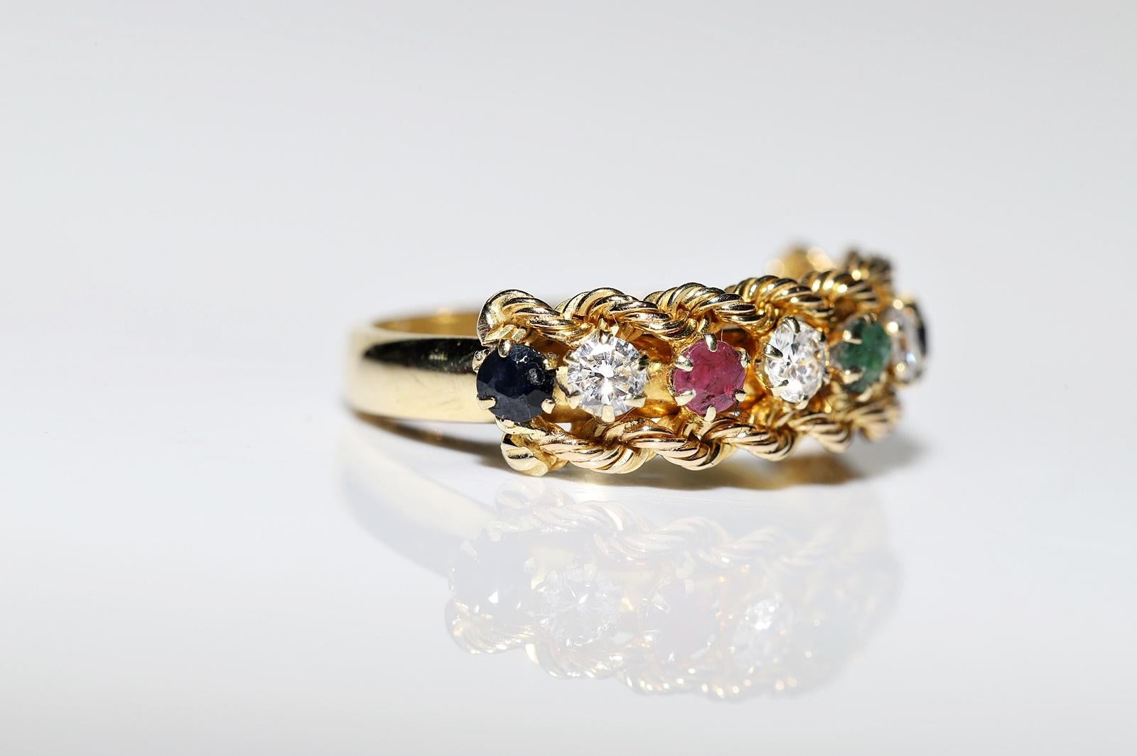 Vintage Circa 1990er Jahre 18k Gold Natürlicher Diamant und Smaragd Rubin Saphir Ring Damen
