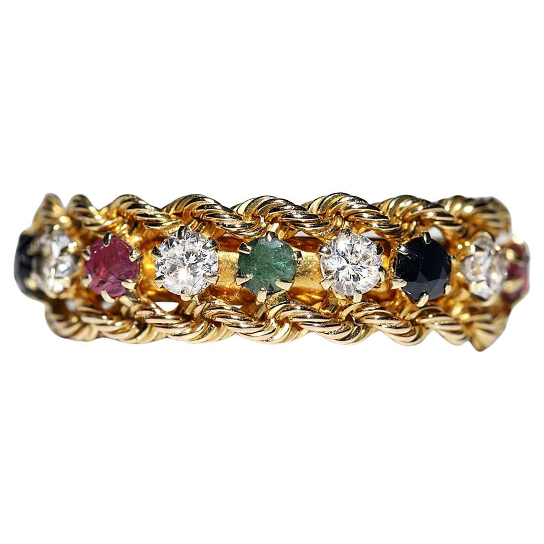 Vintage Circa 1990s 18k Gold Natural Diamond And Emerald Ruby Sapphire Ring