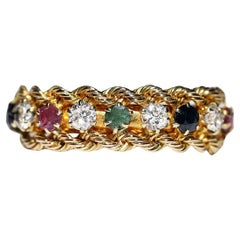 Retro Circa 1990s 18k Gold Natural Diamond And Emerald Ruby Sapphire Ring
