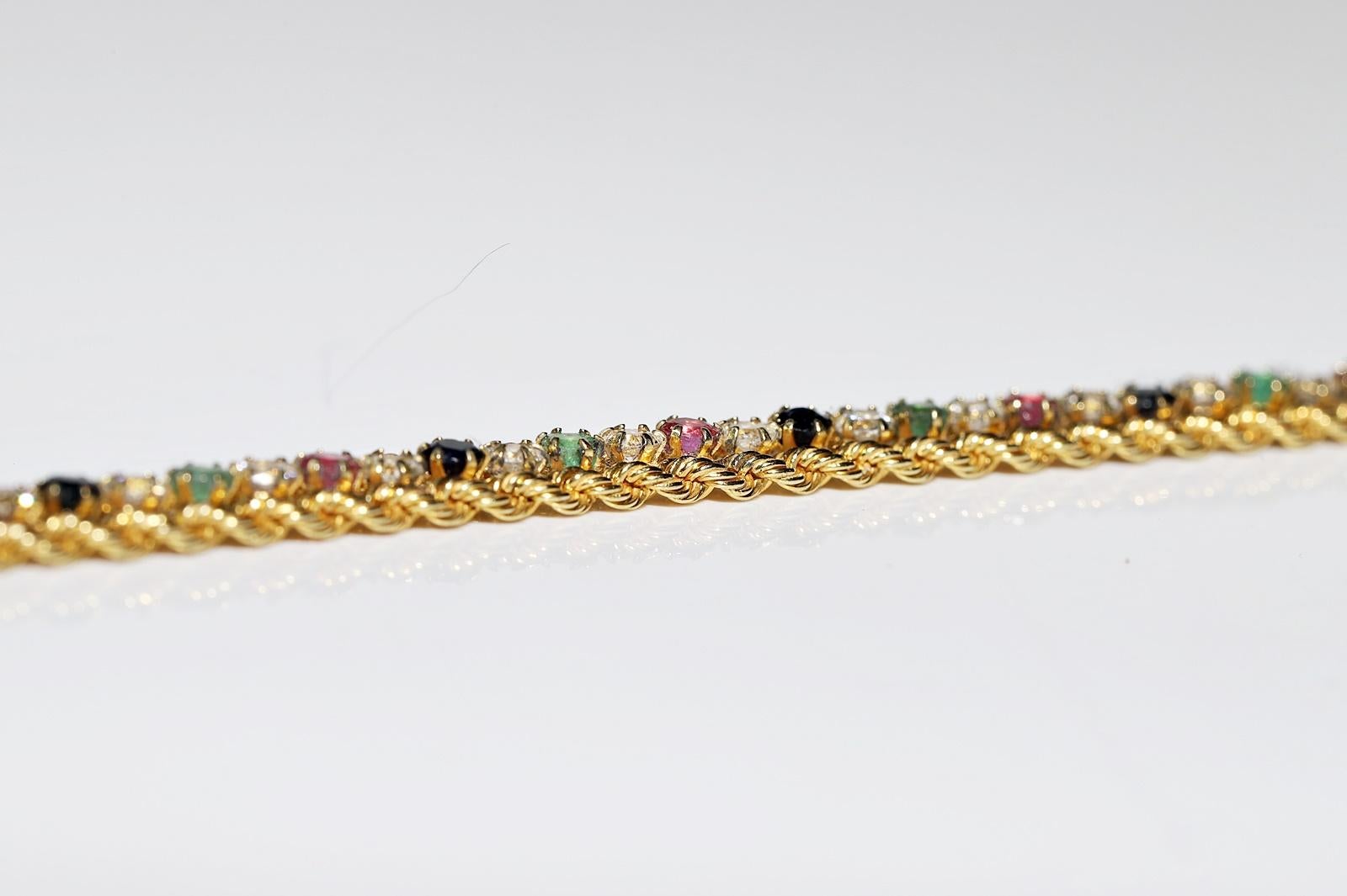 Vintage Circa 1990s 18k Gold Natural Diamond And Emerald Sapphire Ruby Bracelet For Sale 4