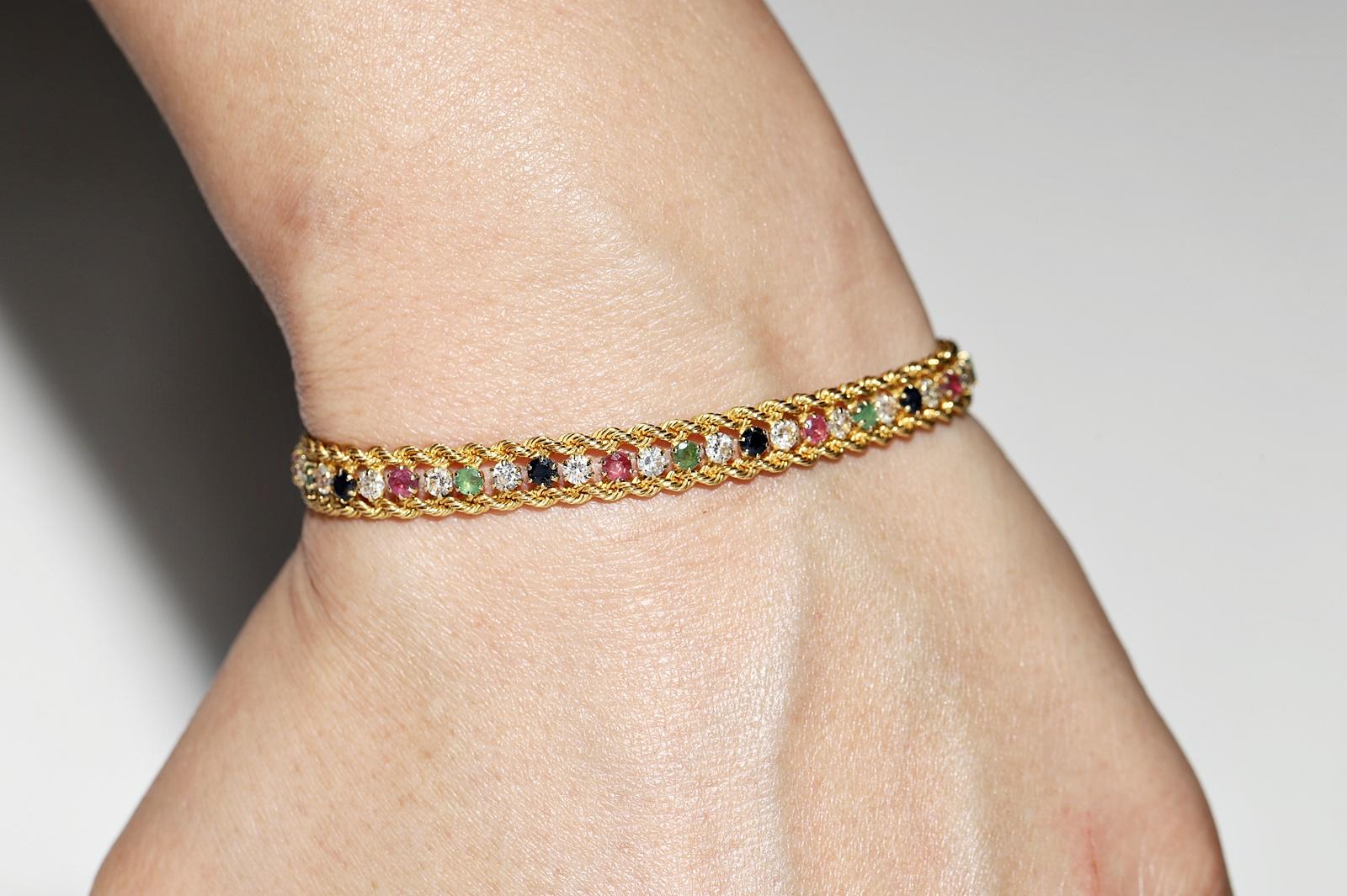 Vintage Circa 1990s 18k Gold Natural Diamond And Emerald Sapphire Ruby Bracelet For Sale 10