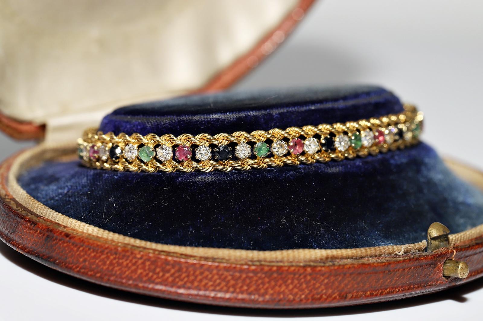 Vintage Circa 1990s 18k Gold Natural Diamond And Emerald Sapphire Ruby Bracelet For Sale 12