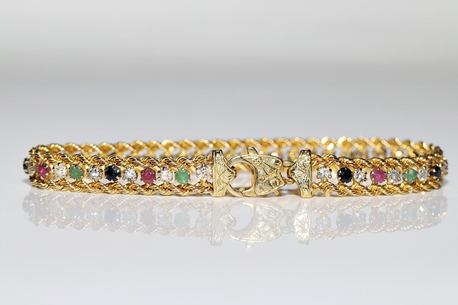 Brilliant Cut Vintage Circa 1990s 18k Gold Natural Diamond And Emerald Sapphire Ruby Bracelet For Sale