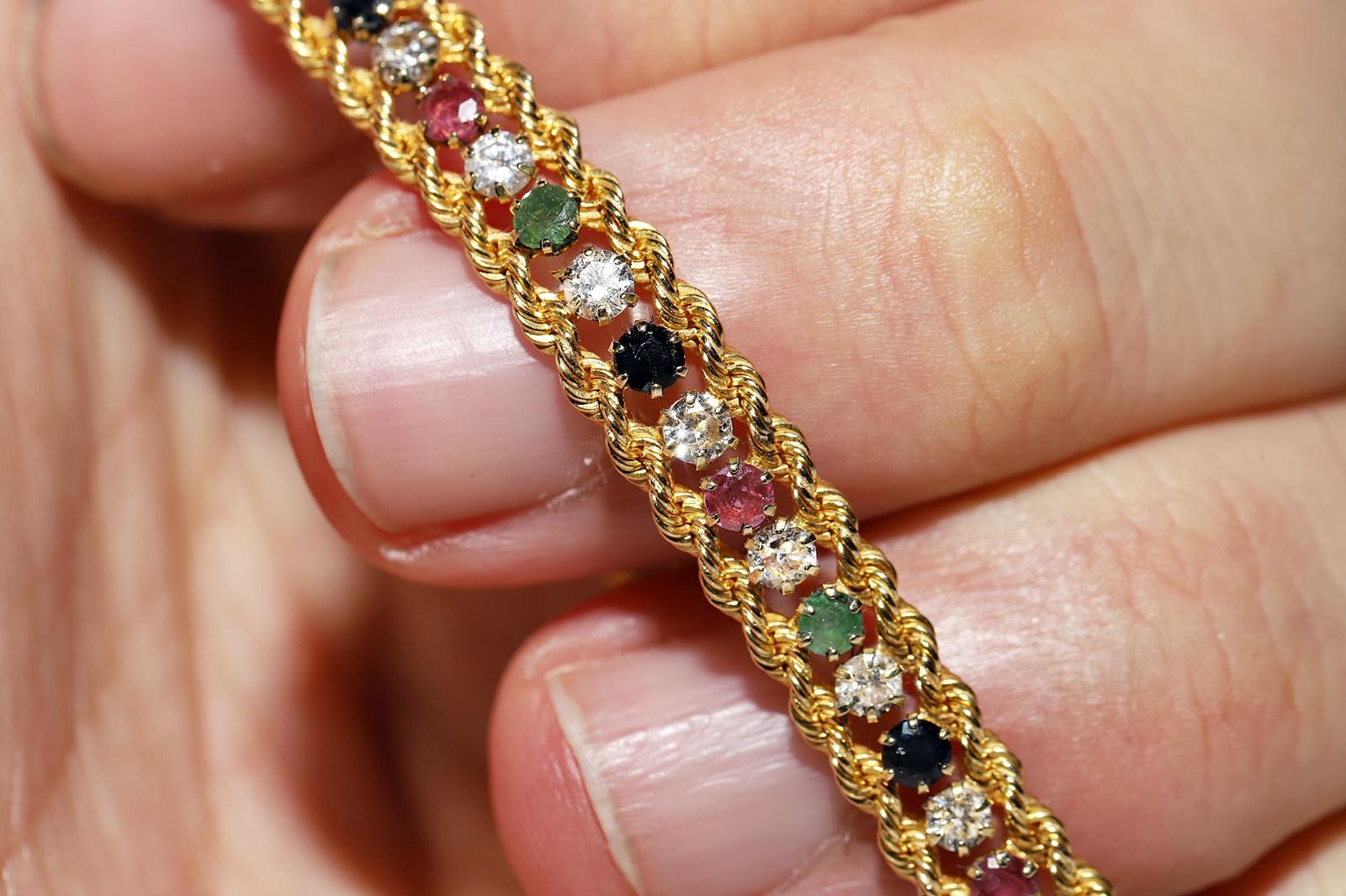 Vintage Circa 1990s 18k Gold Natural Diamond And Emerald Sapphire Ruby Bracelet For Sale 1