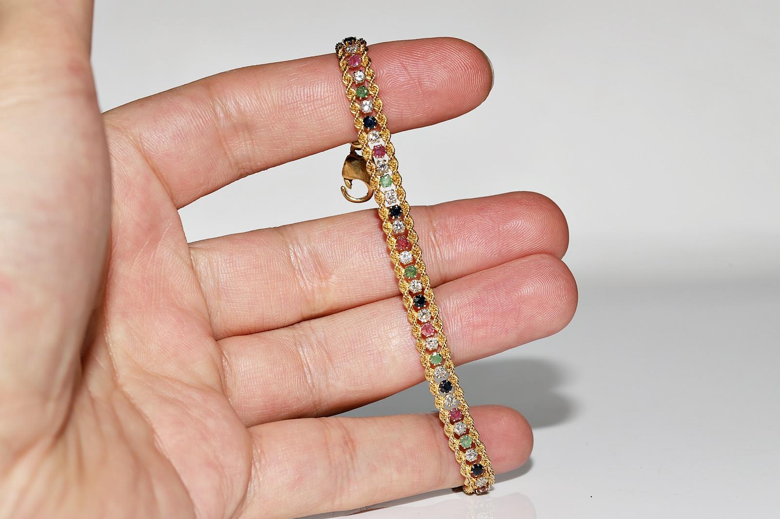 Vintage Circa 1990s 18k Gold Natural Diamond And Emerald Sapphire Ruby Bracelet For Sale 3