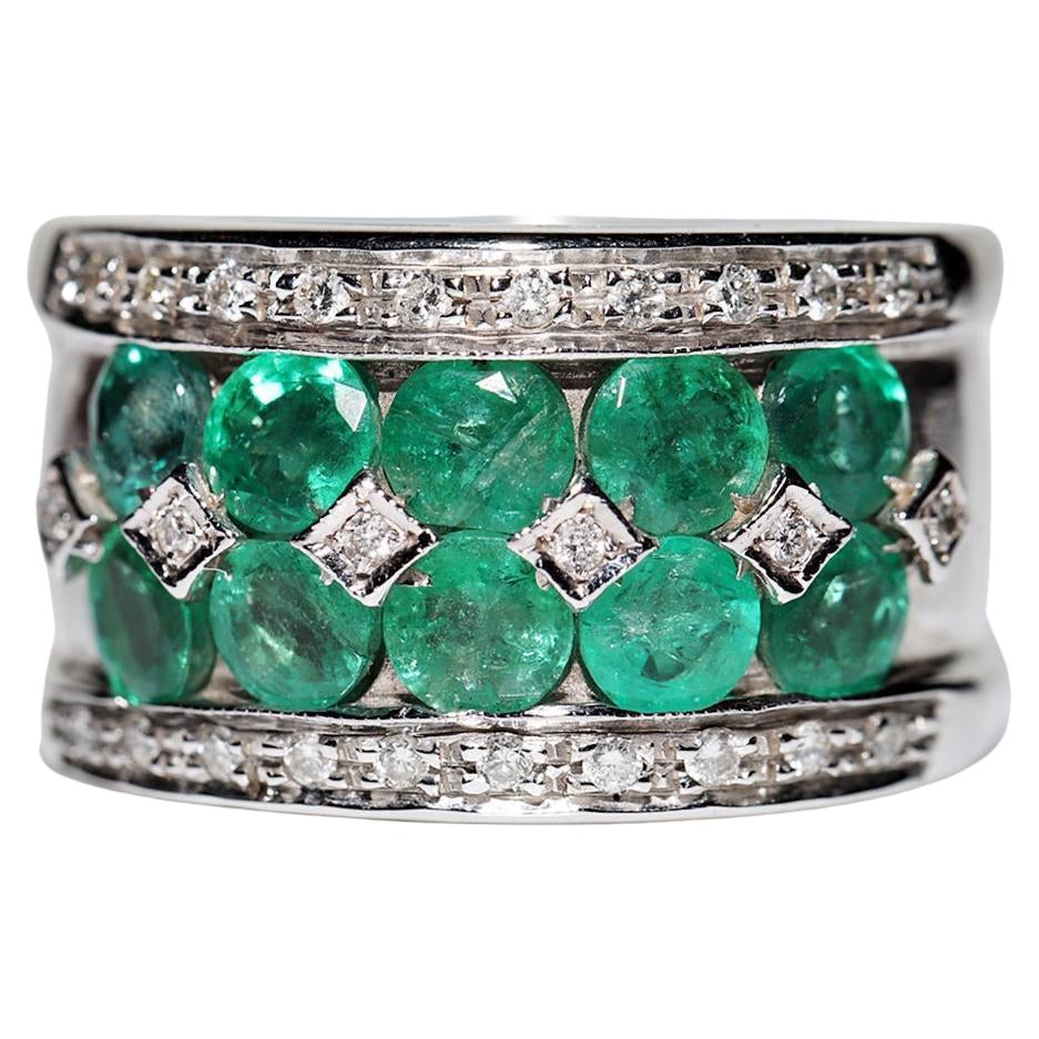 Vintage Circa 1990s 18k Gold Natural Diamond And Emerald  Strong Ring