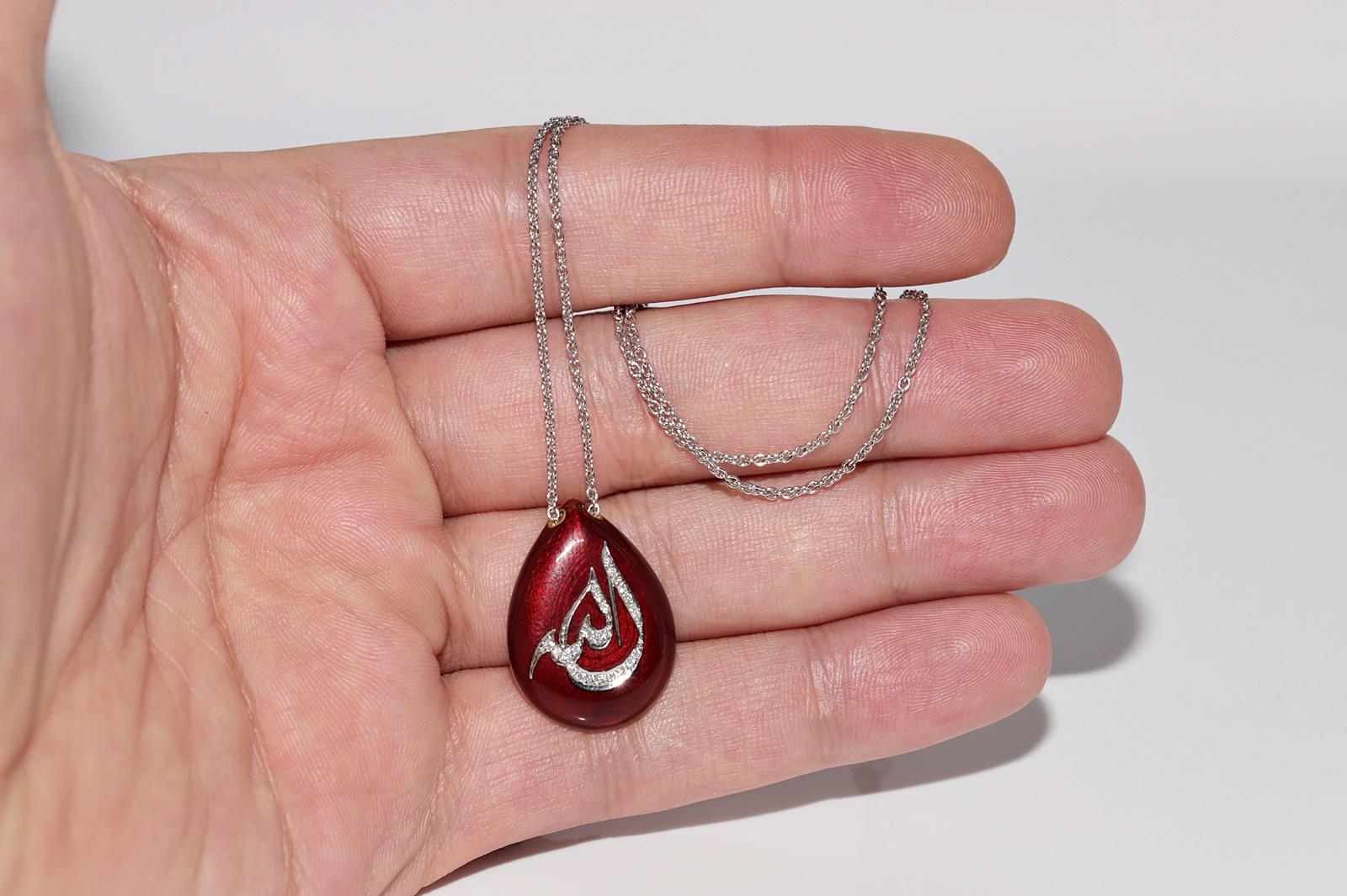 Vintage Circa 1990s 18k Gold Natural Diamond And Enamel God Written Necklace For Sale 5