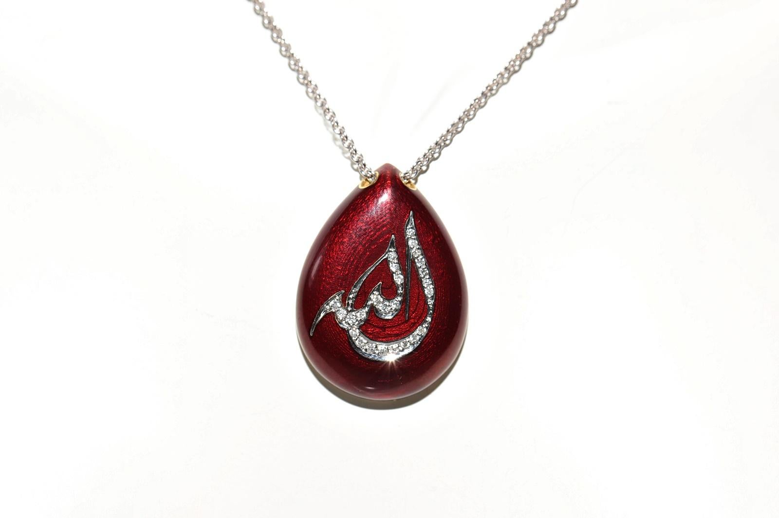 Vintage Circa 1990s 18k Gold Natural Diamond And Enamel God Written Necklace In Good Condition For Sale In Fatih/İstanbul, 34