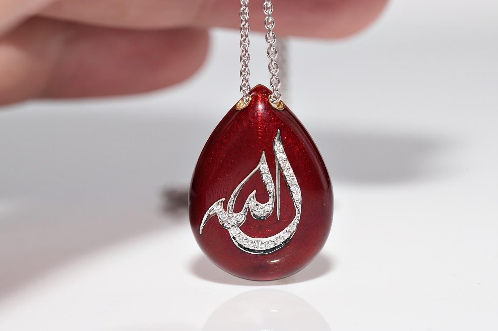 Vintage Circa 1990s 18k Gold Natural Diamond And Enamel God Written Necklace For Sale 1