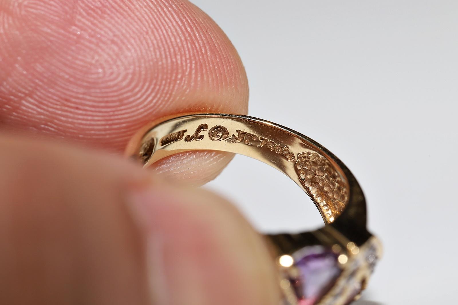 Vintage Circa 1990s 18k Gold Natural Diamond And Heart Cut Amethyst Ring 4