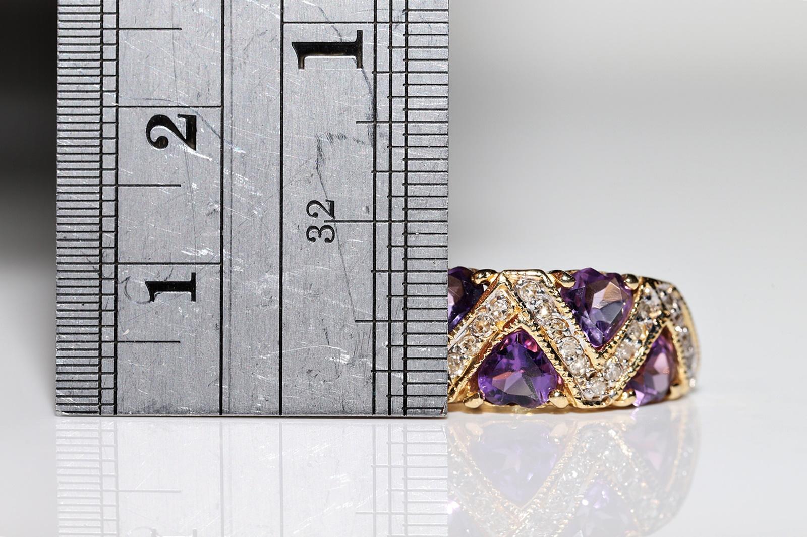 Vintage Circa 1990s 18k Gold Natural Diamond And Heart Cut Amethyst Ring 5