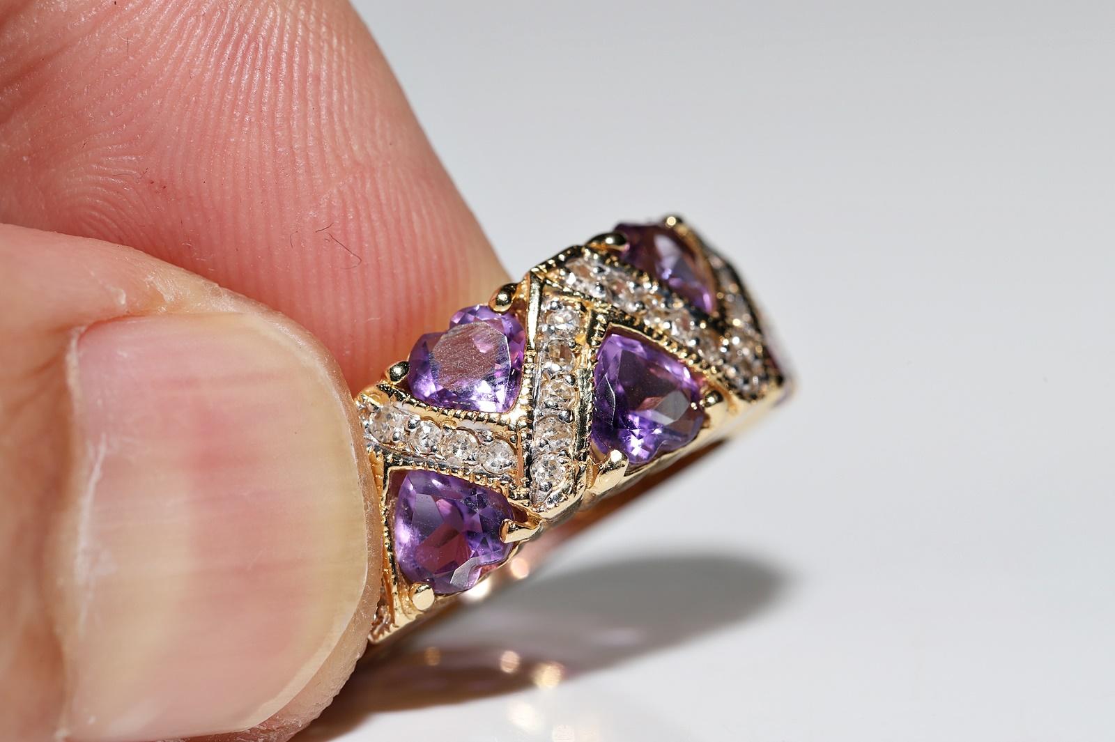 Vintage Circa 1990s 18k Gold Natural Diamond And Heart Cut Amethyst Ring 7