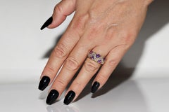 Vintage Circa 1990s 18k Gold Natural Diamond And Heart Cut Amethyst Ring