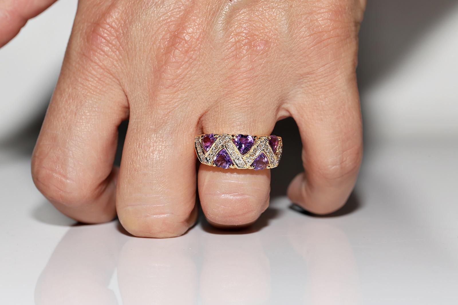 Retro Vintage Circa 1990s 18k Gold Natural Diamond And Heart Cut Amethyst Ring