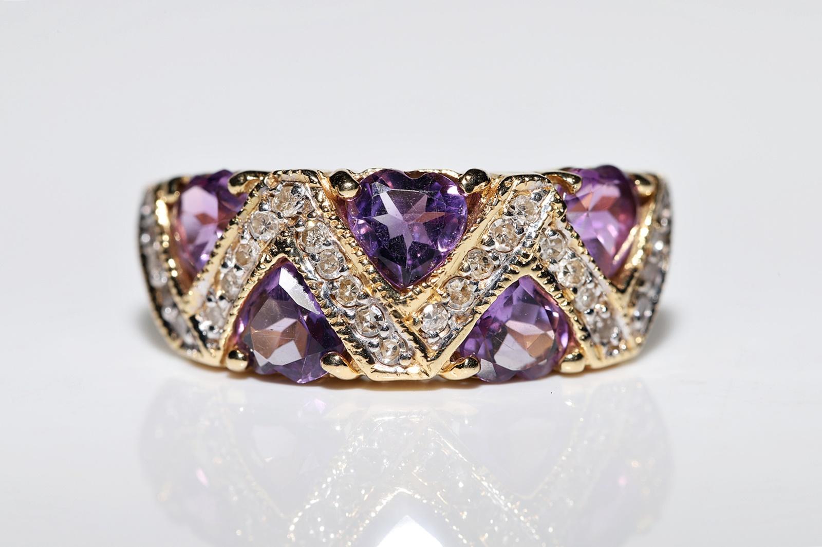 Brilliant Cut Vintage Circa 1990s 18k Gold Natural Diamond And Heart Cut Amethyst Ring