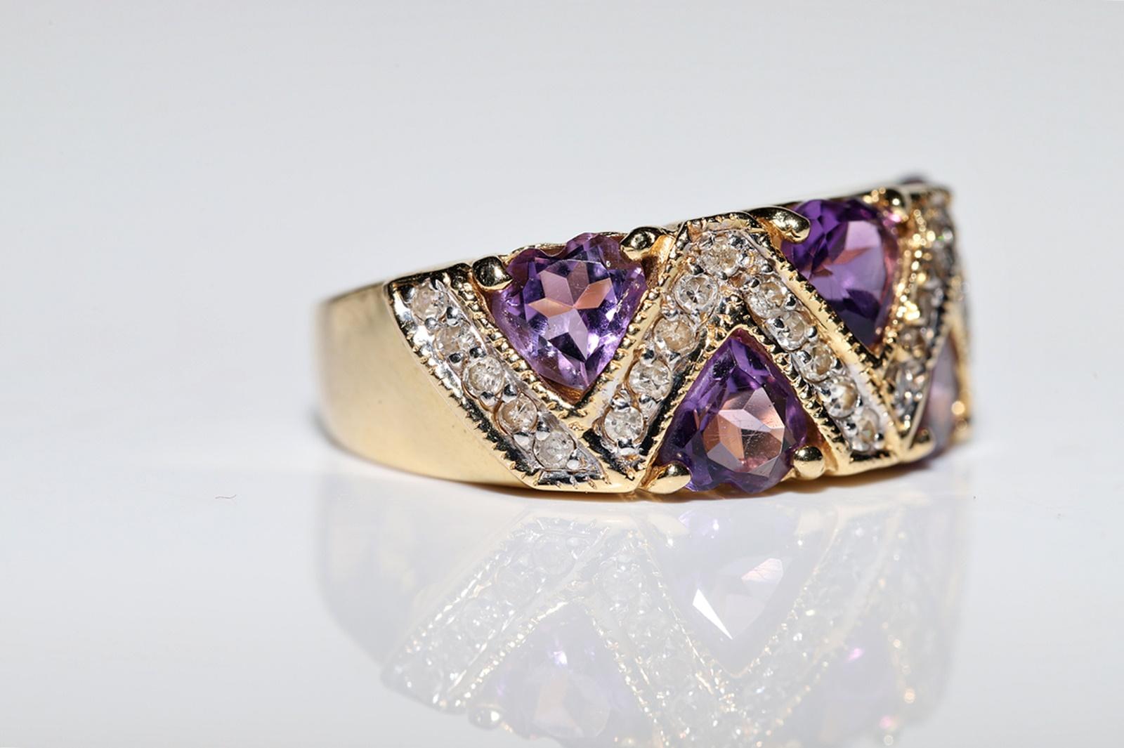 Vintage Circa 1990s 18k Gold Natural Diamond And Heart Cut Amethyst Ring In Good Condition In Fatih/İstanbul, 34