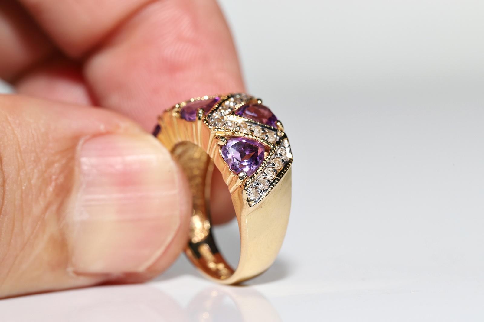 Vintage Circa 1990s 18k Gold Natural Diamond And Heart Cut Amethyst Ring 2