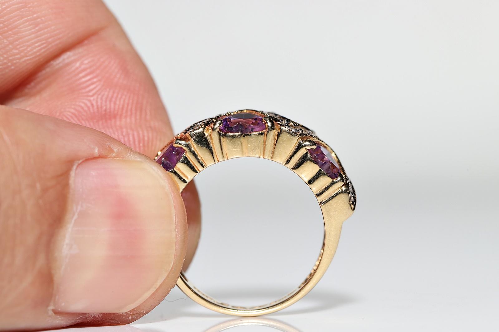 Vintage Circa 1990s 18k Gold Natural Diamond And Heart Cut Amethyst Ring 3