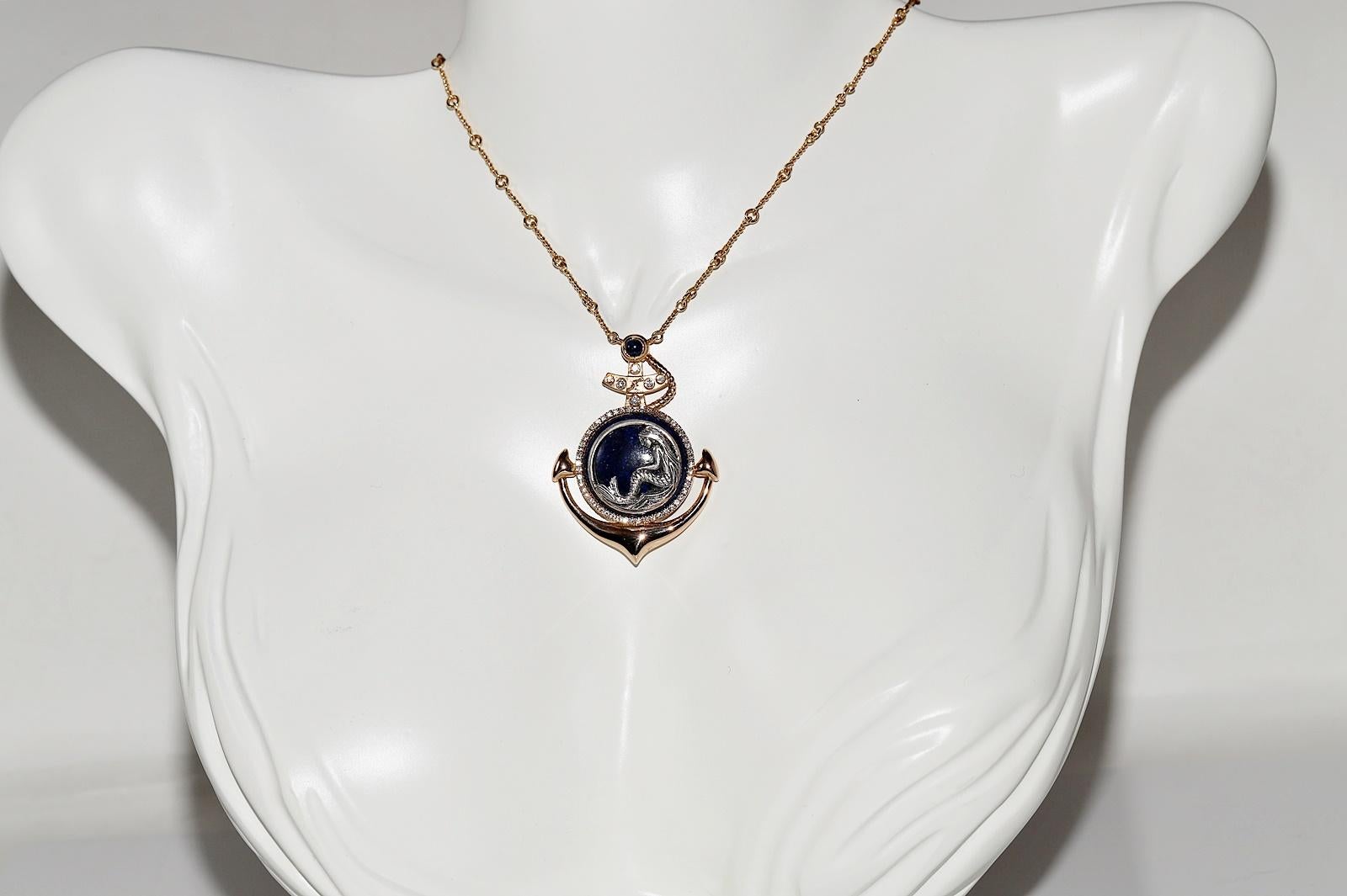 In very good condition.
Total weight is 24.2 grams.
Totally is diamond 0.75 ct.
The diamond is has G-H color and vvs-vs-s1 clarity.
Totally is sapphire 0.25 ct.
Total lenght is chain 50 cm.
Acid tested to be 18k real gold.
Please contact for any
