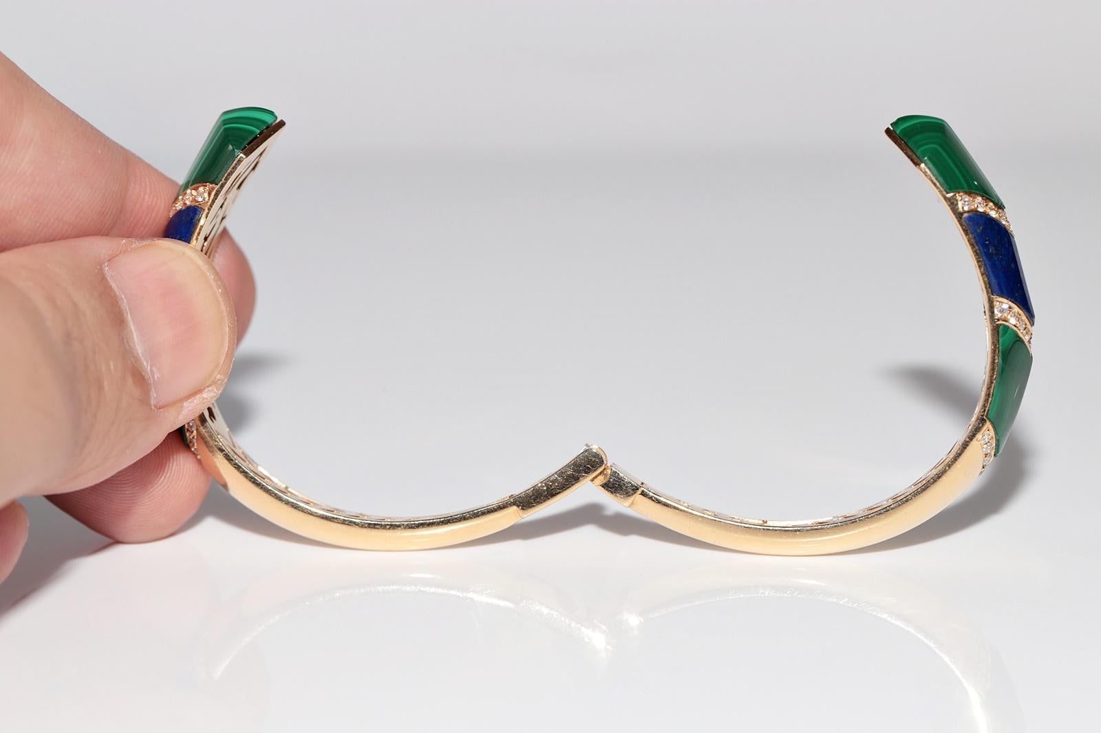 Pulsera vintage circa años 90 de oro de 18 quilates con diamantes naturales y lapislázuli malaquita en venta 4