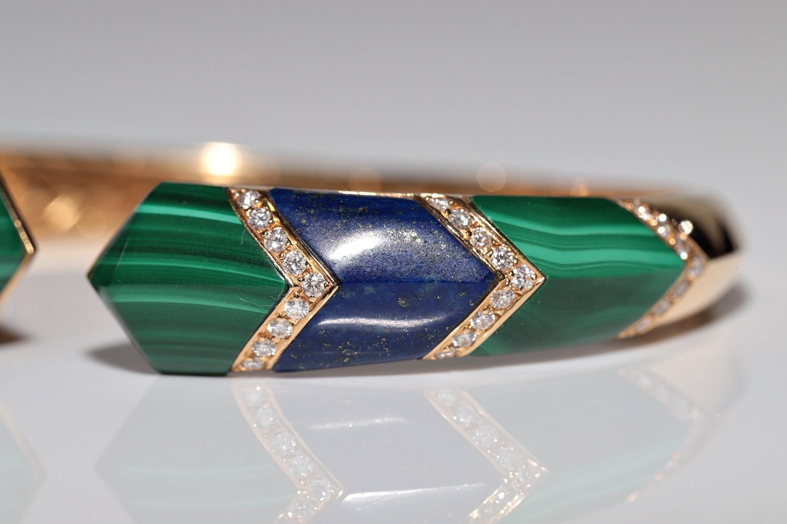 Pulsera vintage circa años 90 de oro de 18 quilates con diamantes naturales y lapislázuli malaquita en venta 8