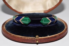 Vintage Circa 1990s 18k Gold Natural Diamond And Lapis Malachite Bangle Bracelet