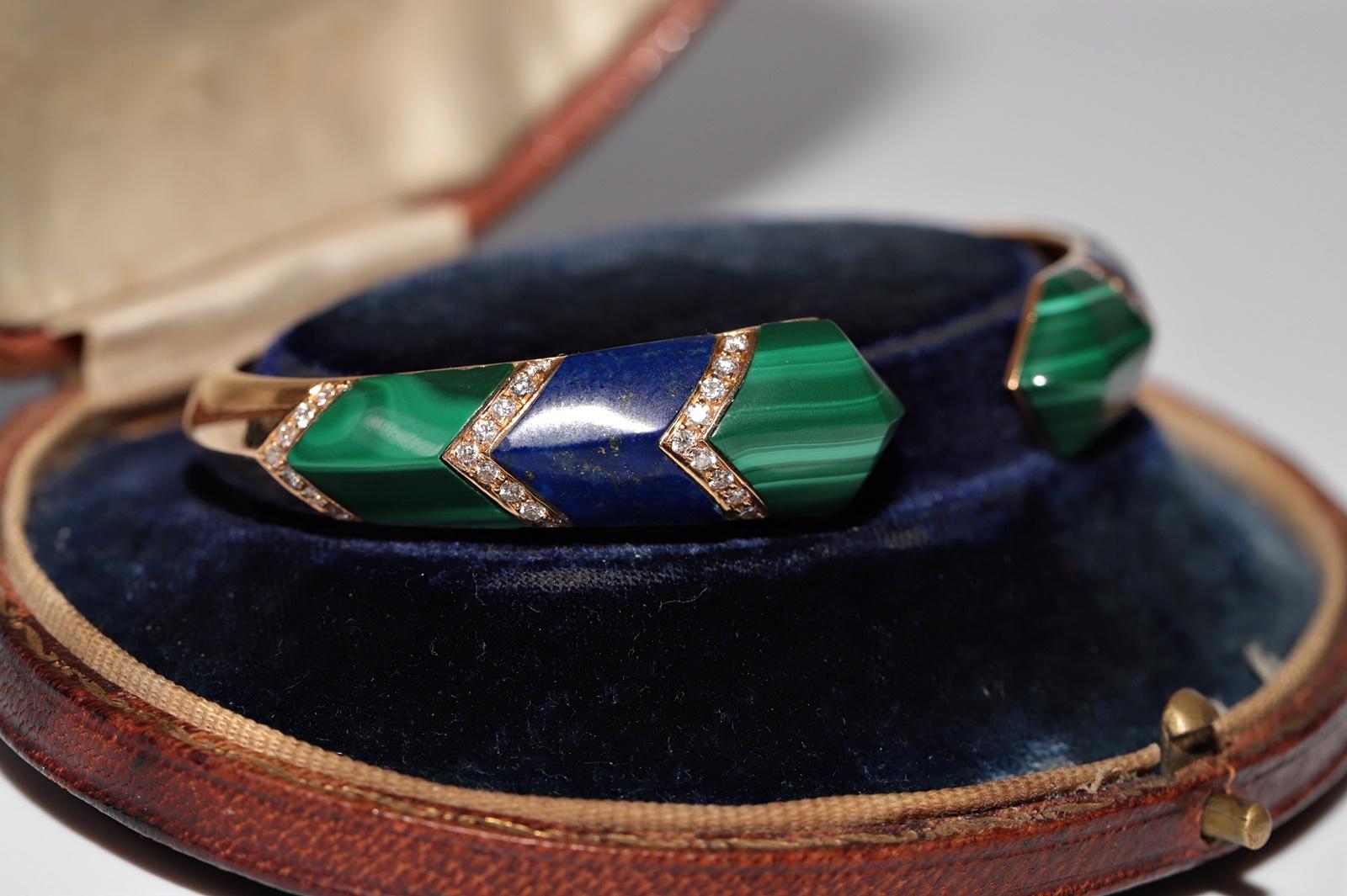 Pulsera vintage circa años 90 de oro de 18 quilates con diamantes naturales y lapislázuli malaquita Retro en venta