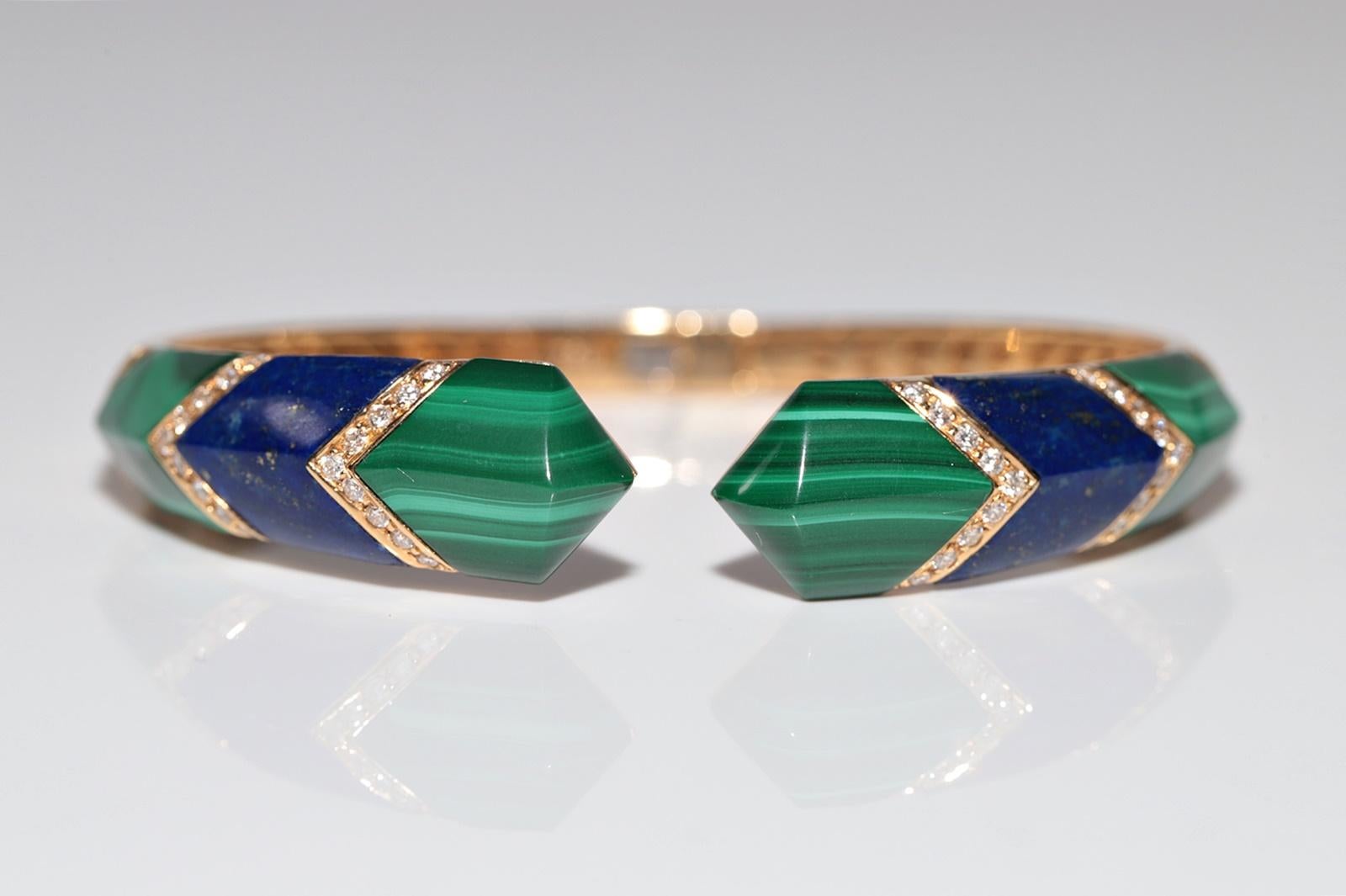 Pulsera vintage circa años 90 de oro de 18 quilates con diamantes naturales y lapislázuli malaquita Corte brillante en venta