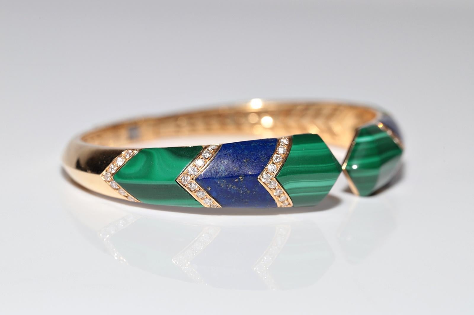 Pulsera vintage circa años 90 de oro de 18 quilates con diamantes naturales y lapislázuli malaquita en Bueno estado para la venta en Fatih/İstanbul, 34