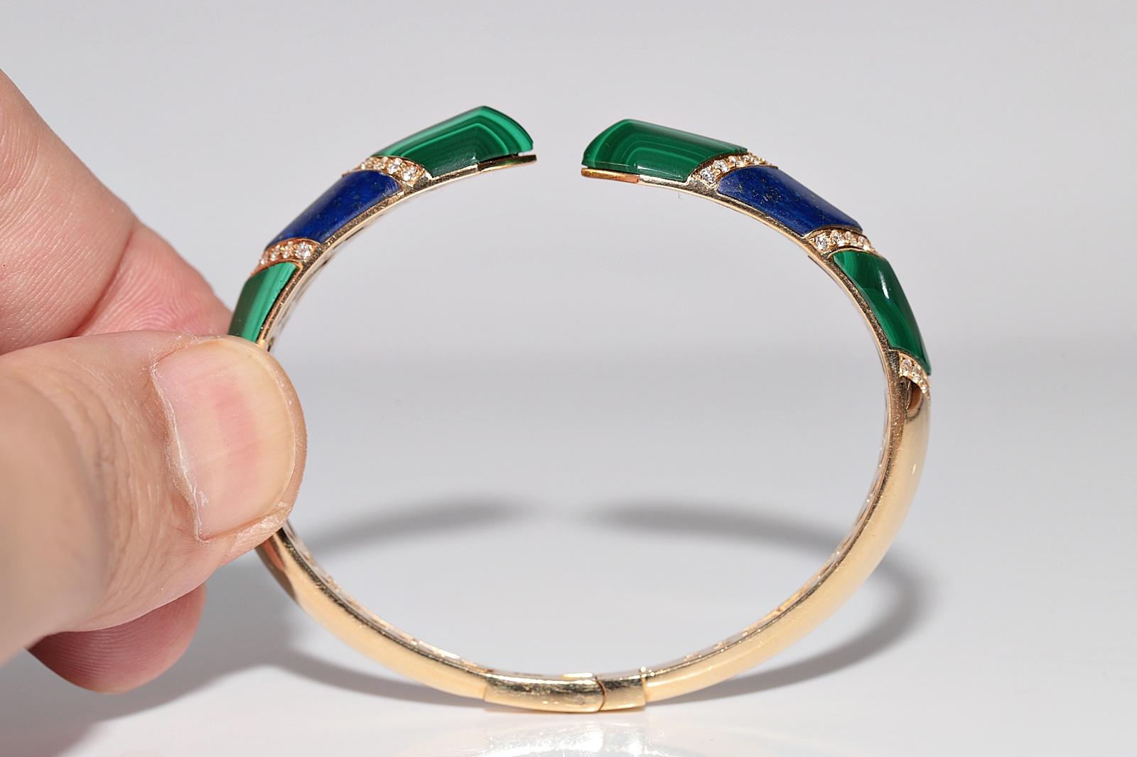 Pulsera vintage circa años 90 de oro de 18 quilates con diamantes naturales y lapislázuli malaquita en venta 3
